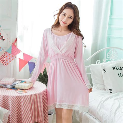 Maternity Pink Sleep Dress Lace Patchwork Breastfeeding Sleepwear Long Sleeve Nightgowns