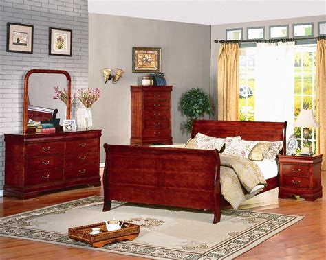 5pc Louis Phillipe King Size Cherry Finish Hardwood Sleigh Bedroom Set
