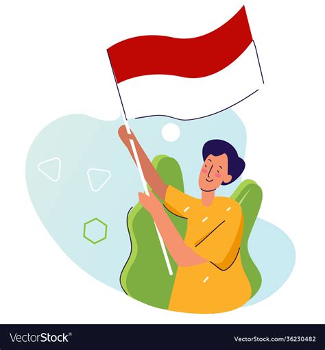 Man Hold Indonesian Flag With Cartoon Flat Style Vector Image