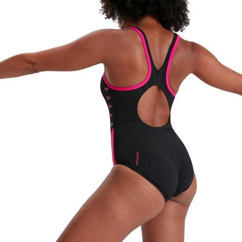 speedo women s boom logo splice muscleback swimsuit black one piece swimsuits sportsdirect