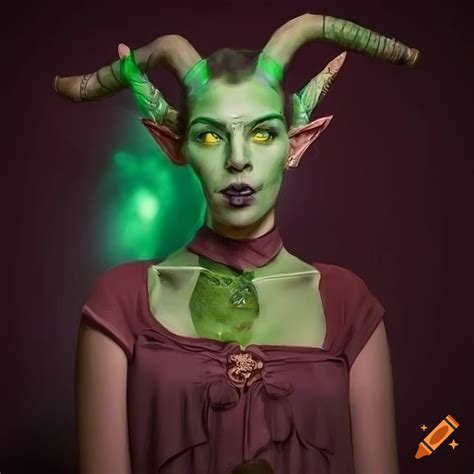Highly Detailed Portrait Of A Green Skinned Female Tiefling Warlock