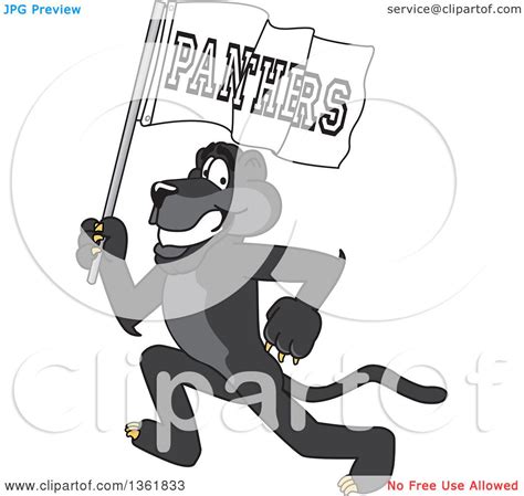 Clipart Of A Black Panther School Mascot Character Running With A Flag
