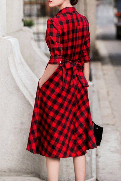 18cdy Red Retro Style Tie Checked Dress Shirt Dresses At Dezzal Red