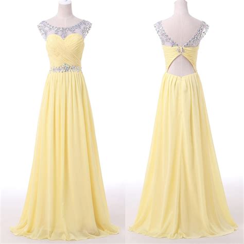 Yellow Bateau Neckline Chiffon Floor Length Dress Featuring Illusion