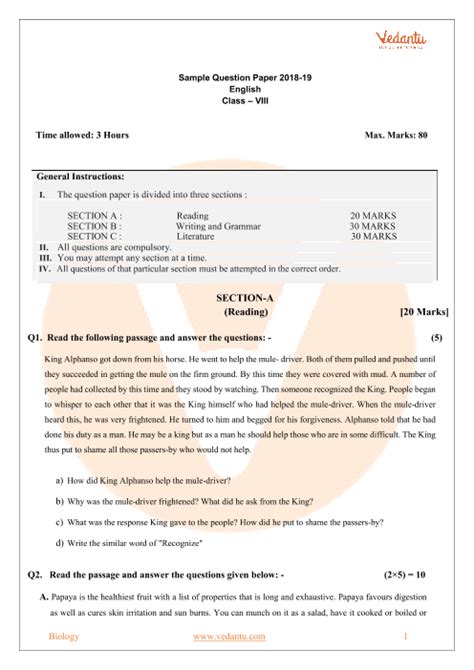 Cbse Sample Paper For Class 8 English With Solutions Mock Paper 1