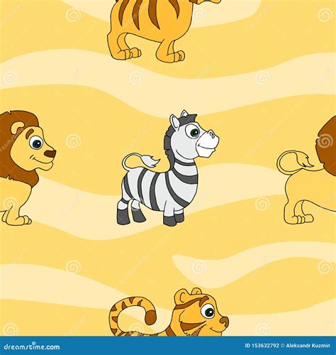 Seamless Pattern Of Wild African Lion Tiger And Zebra Stock Vector