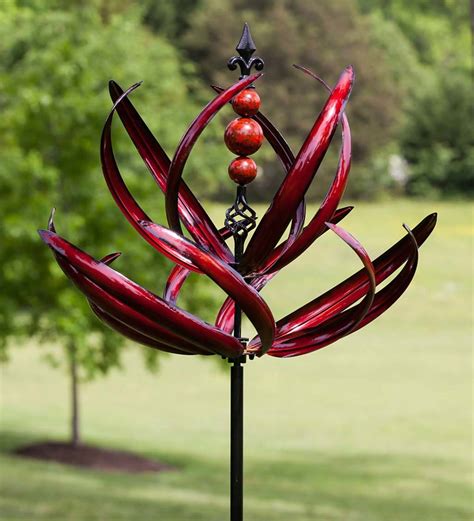 Two Tier 7½ Tall Crimson Lotus Metal Wind Spinner Garden Stake