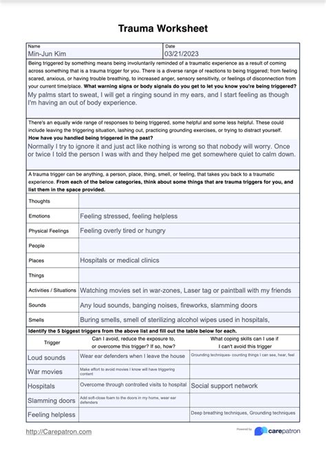 Trauma Worksheet And Example Free Pdf Download
