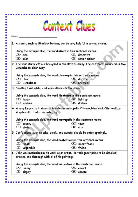 Context Clues Worksheet 1 Esl Worksheet By Dreidteacher