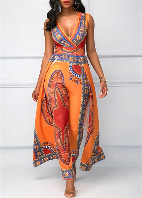 Check spelling or type a new query. V Neck Overlay Embellished Dashiki Print Orange Jumpsuit | Rosewe.com - USD $39.37