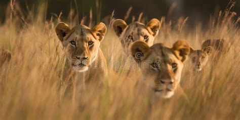 A Pride Of Lions Stalking Their Prey Through The Tall Grass Concept Of