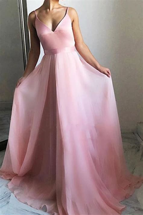 a line tulle pink spaghetti straps v neck backless prom dress backless prom dresses v neck