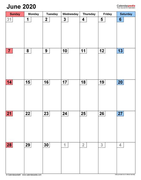 June 2020 Calendar Templates For Word Excel And Pdf