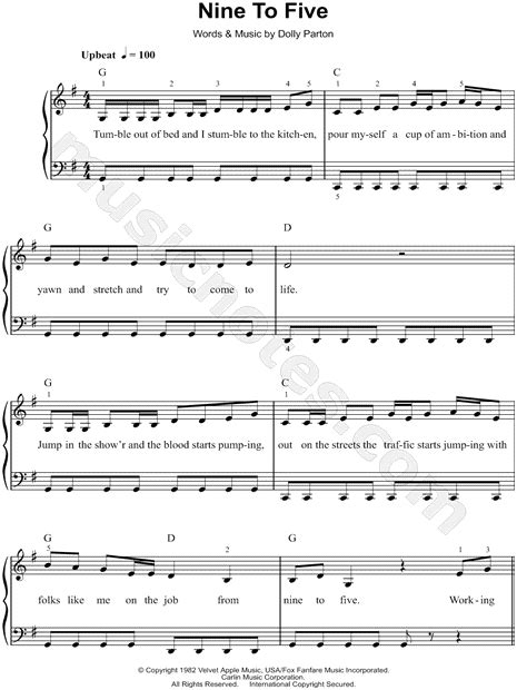 Dolly Parton Nine To Five Sheet Music Easy Piano In G Major