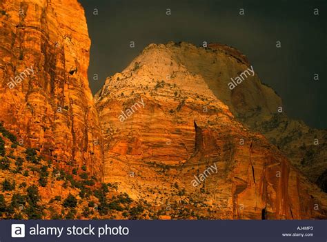 Sun Lit Canyon Walls After Winter Storm Zion National Park Utah Stock