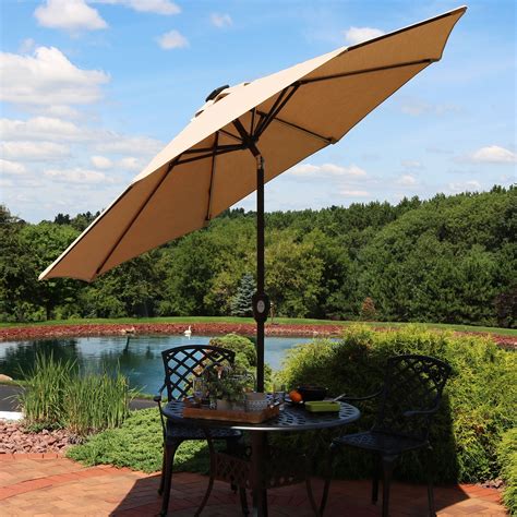 Sunnydaze Sunbrella Patio Umbrella With Solar Lights 9 Foot Tilting Outdoor Market Umbrella