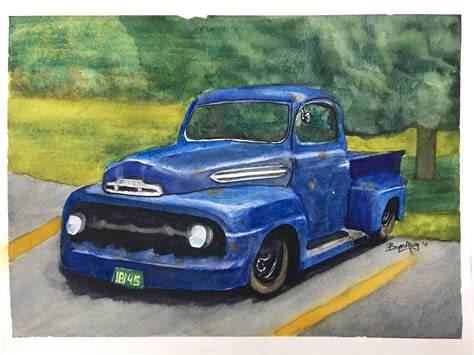 An Old Blue Truck Is Parked On The Side Of The Road