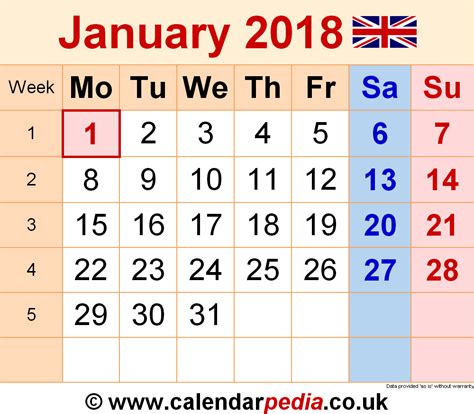 Printing tips for january 2018 calendar. Calendar January 2018 UK with Excel, Word and PDF templates