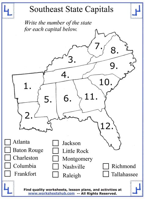 Southeast States And Capitals Worksheets