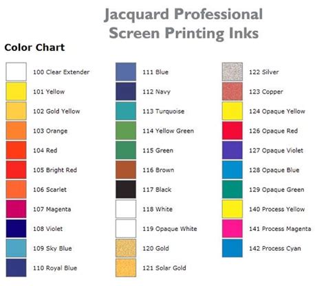 Jacquard Screen Printing Inks Color Chart Screen Printing Ink Diy