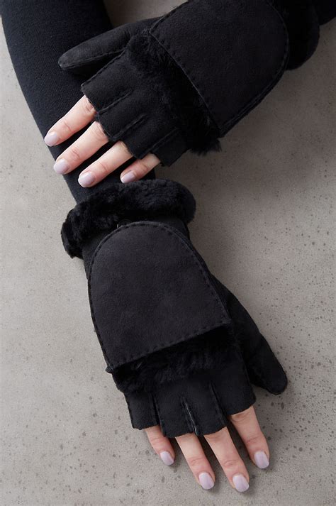 Womens Carob Merino Sheepskin Fingerless Gloves With Mitten Flap Overland