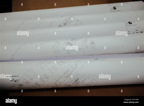 Five Rolled Papers With Blueprint Drawings Stock Photo Alamy