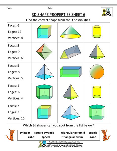3d Shapes Faces Edges Vertices Worksheet With Answers