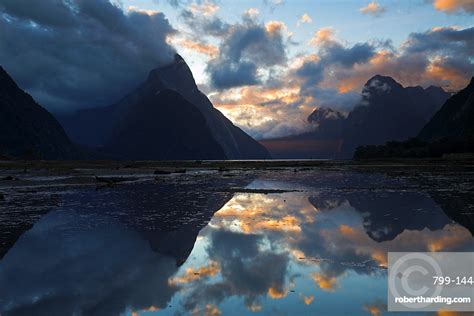 Sunset At Milford Sound In Stock Photo