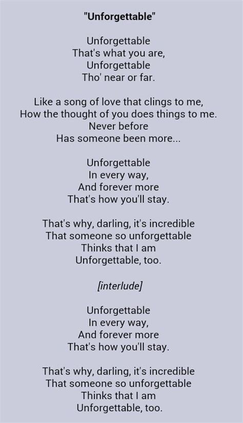 'Unforgettable' lyrics - for cushion | Lyrics, Unforgettable, Thoughts ...