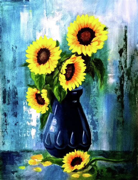 Sunflowers In Blue Vase Painting By Seema Dasan Fine Art America