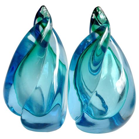 Alfredo Barbini Murano Sommerso Blue Green Flame Italian Art Glass Bookends At 1stdibs