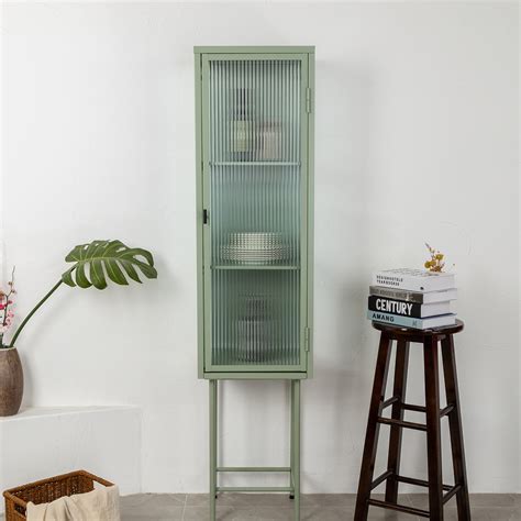 Retro Fluted Glass Storage Cabinet Tall Display Cabinet With 3