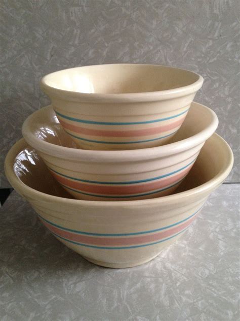 3 Mixing Bowls Mccoy Pink And Blue Stripes Banded Nesting Stoneware