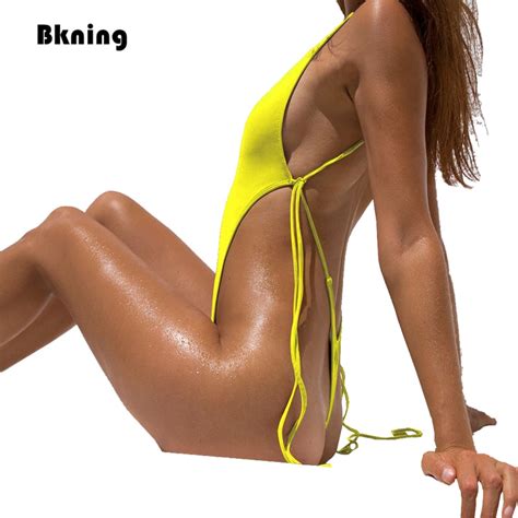 Bkning Sexy Thong Yellow Solid Swimwear Women One Pieces Swimsuit