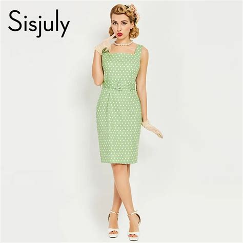 sisjuly 1950s style women bodycon vintage dress summer pin up green sashes dot elegant retro