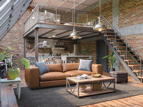 Industrial Style Loft Apartment With Indoor Balcony 3d Render Stock