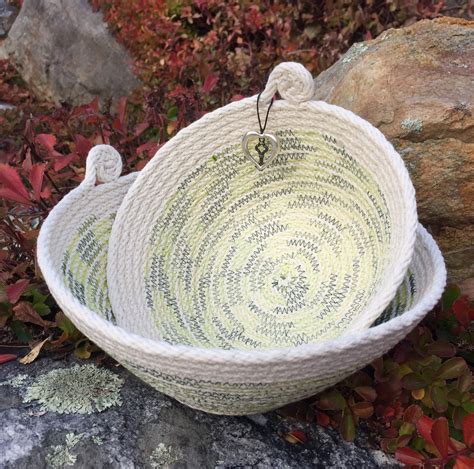 Coiled Rope Bowls Zigzag Sewn With Multi Seagrass Green Thread