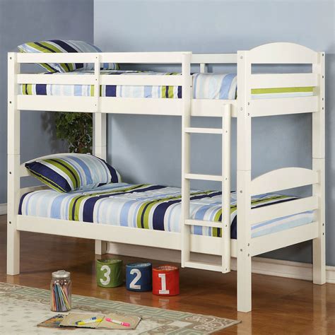 White Wood Twin Over Twin Bunk Bed With Ladder And Guardrail