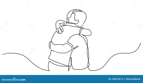 Continuous Line Drawing Of Men Friends Hugging Each Other Stock Vector