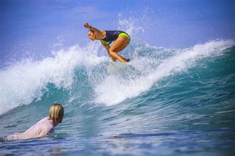 Surfer Girl On Amazing Blue Wave Stock Image Image Of Motion Girl
