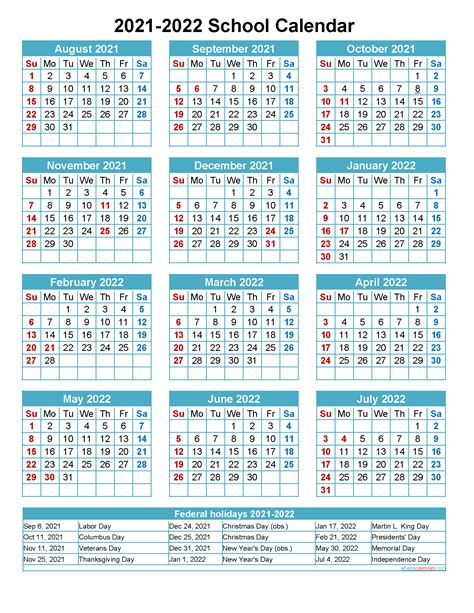 2021 And 2022 School Calendar Printable Portrait Template Noscl22a7