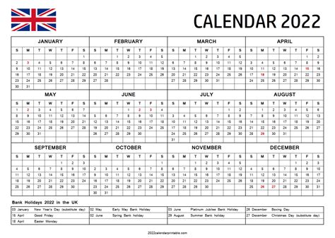 2022 Calendar Printable — Uk Bank Holidays 2022 Calendar