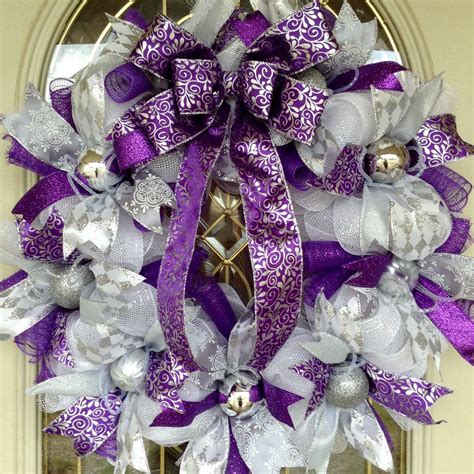 Large 24 Round Christmas Purple Silver And White Deco Mesh Wreath