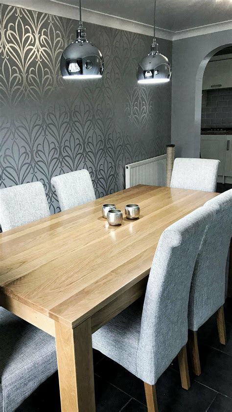 Camden Damask Wallpaper Soft Grey Silver Dining Room Feature Wall