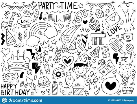 Hand Drawn Party Doodle Happy Birthday Stock Vector Illustration Of Element Candy