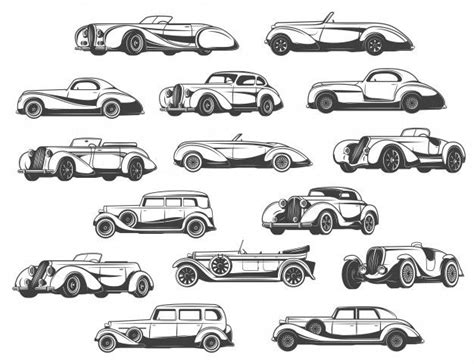 Vintage Cars In Black And White On A White Background Each Car Has A