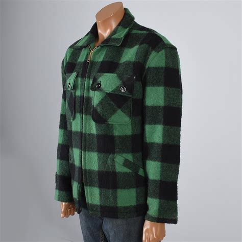 1950s Mens Green And Black Buffalo Check Wool Chore Jacket With A Zip Fr