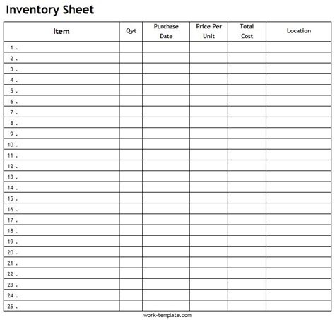 Printable Inventory List Template Ms Excel Word Pdf Format List