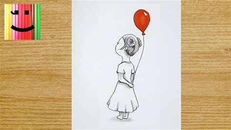Petite Fille Tenant Un Ballon Rouge Dessin Au Crayon De Papier