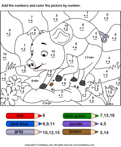 Add And Color Pig Using Color Key Worksheet Turtle Diary